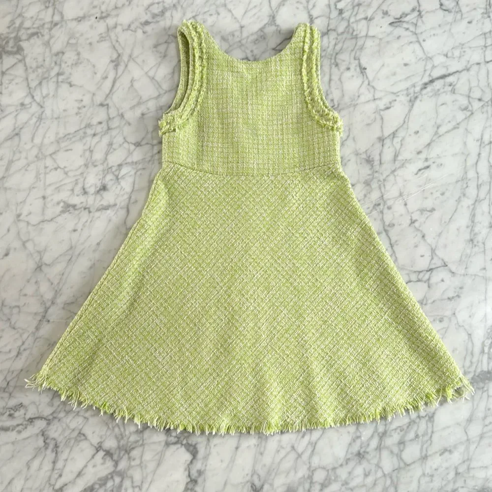 Zara A-line Dress Tweed Sleeveless Fringed Raw Hem Back Zip Green Girls Sz 7